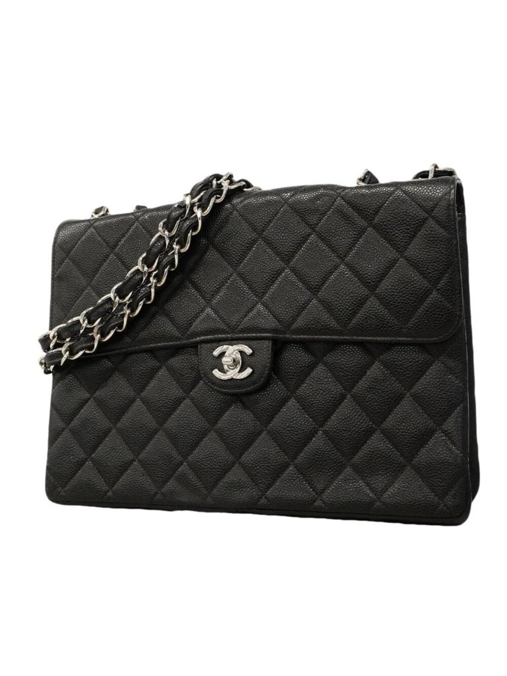 Chanel Shoulder Bag Maxi Quilted Caviar Leather Black Silver